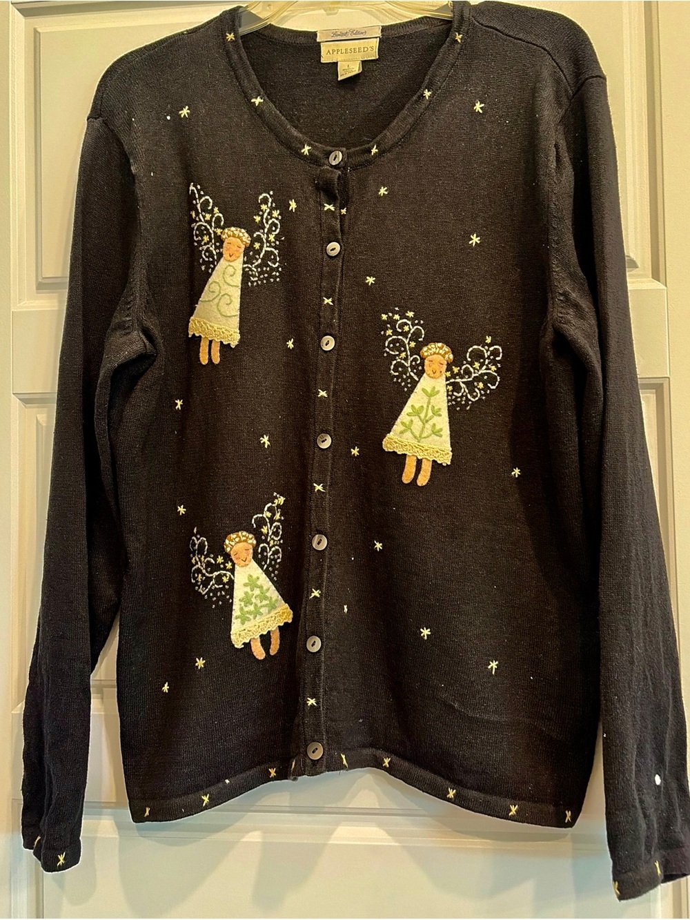 Appleseed's Black Button-Front Angel Embroidered Cardigan